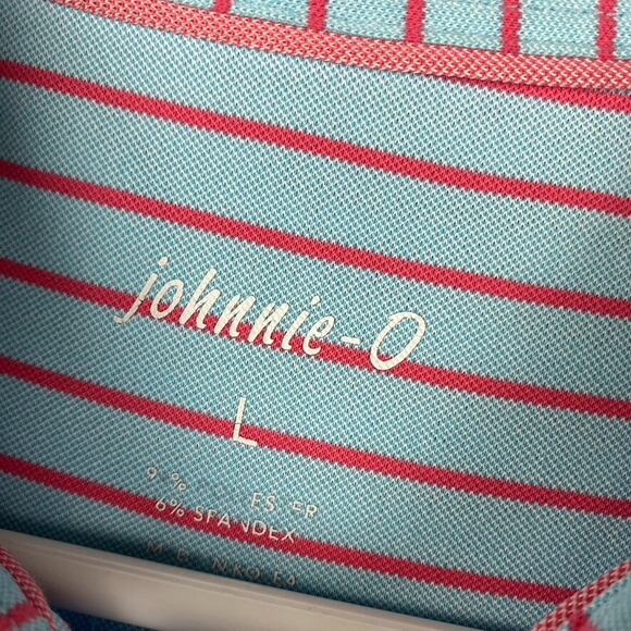 Johnnie-O Polo Golf Shirt Men's Large Blue Pink Striped Performance Athletic - Picture 4 of 9